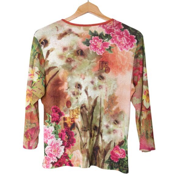 Floral Chinese Tang Style Blouse Y2K Asian Top Frog Button Neckline 34 Sleeves - Picture 3 of 10